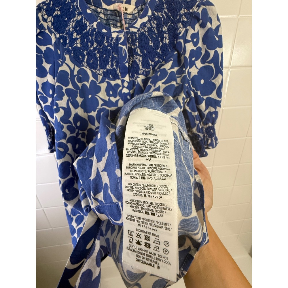 Boden Blue White Floral Smocked Yoke Button Front Cotton Blouse US 6 T1898 - Picture 4 of 7